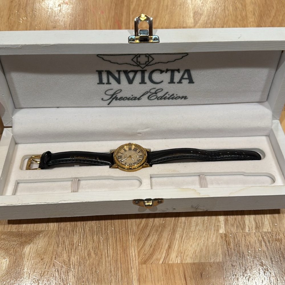 Invicta Model 13968 Black Leather Gold Plated Stainless Steel Special Edition